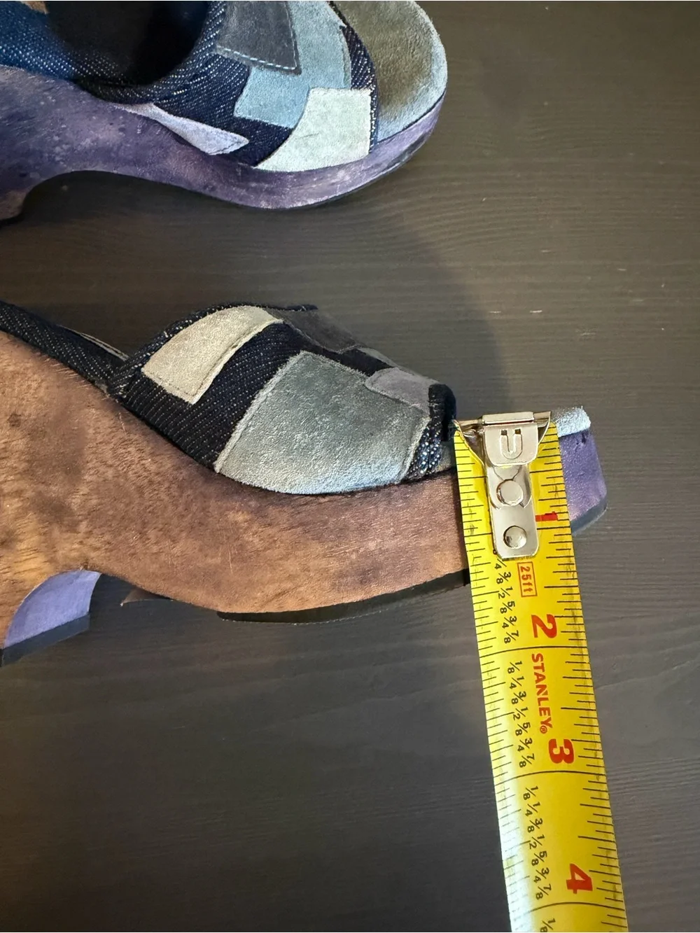 Steve Madden Vintage Y2K Denim Patchwork Wooden Platform Heels